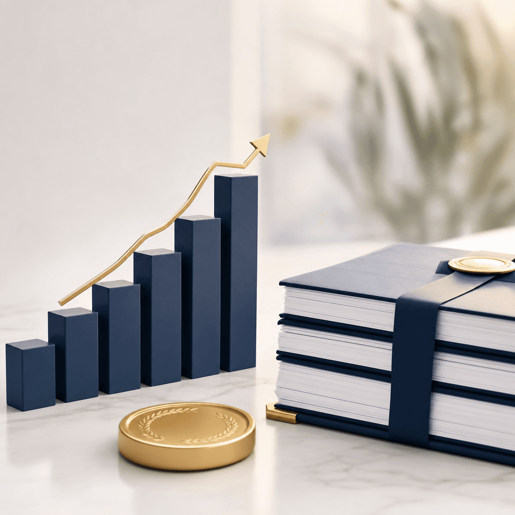 Navy and gold illustration of grant funding growth beside bound proposal documents