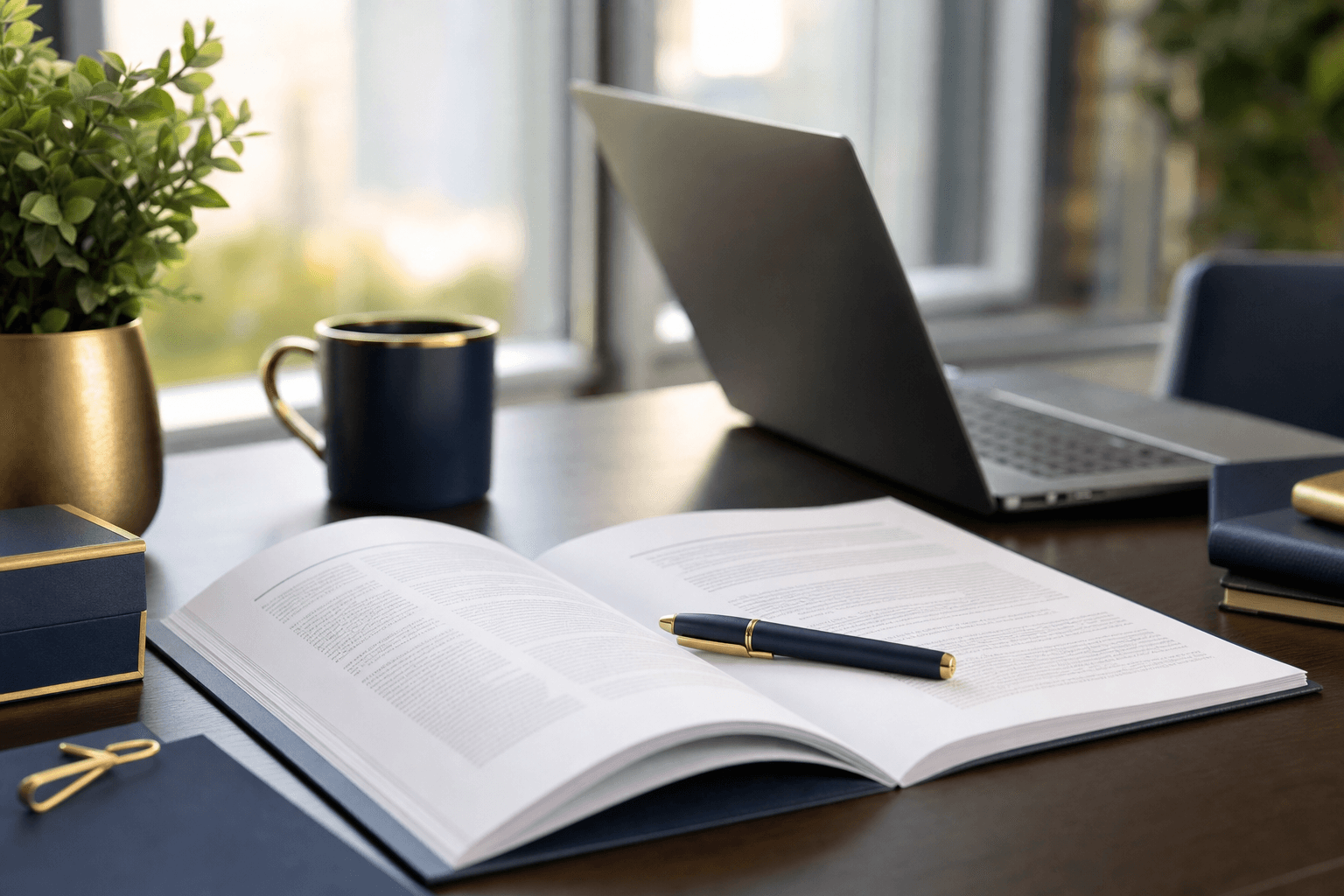 An open grant proposal on a desk with a laptop and notebook in a bright office